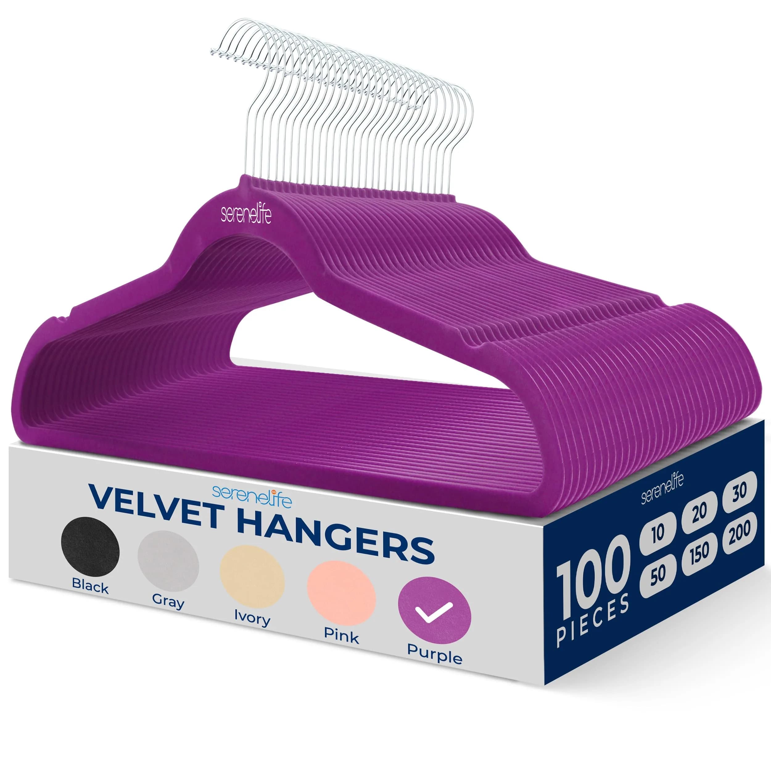 SereneLife Velvet Hangers 100 Pack Slim & Space Saving for Closets | Stylish & Heavy Duty — Purple