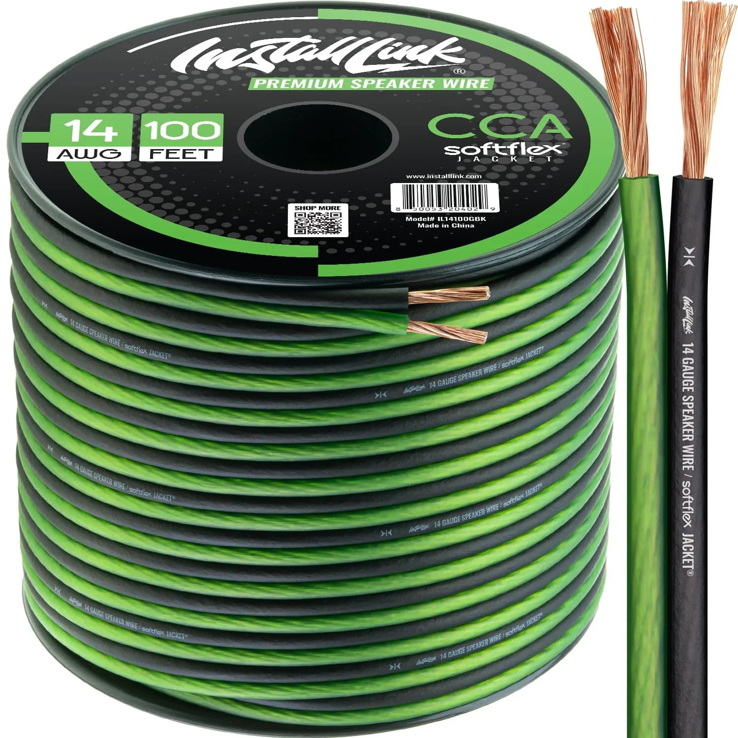 Install Link 14 AWG Gauge Speaker Wire (100 Feet) for Car & Home Theater | Copper Clad Aluminum (CCA) | Frosted Green/Black | Easy Install