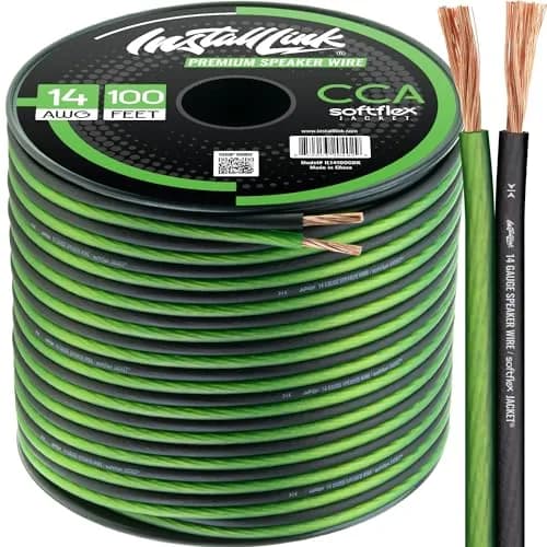 Install Link 14 AWG Gauge Speaker Wire (100 Feet) for Car & Home Theater | Copper Clad Aluminum (CCA) | Frosted Green/Black | Easy Install thumbnail 1