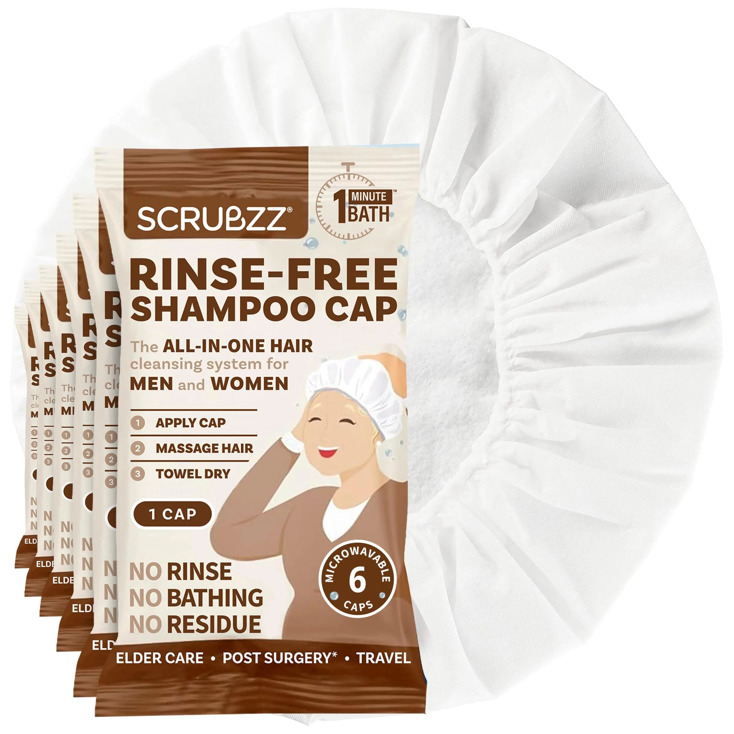 Scrubzz Rinse-Free Shampoo Caps Coconut Vanilla 6 Pack | Waterless Hair Wash for Elderly & Bedridden