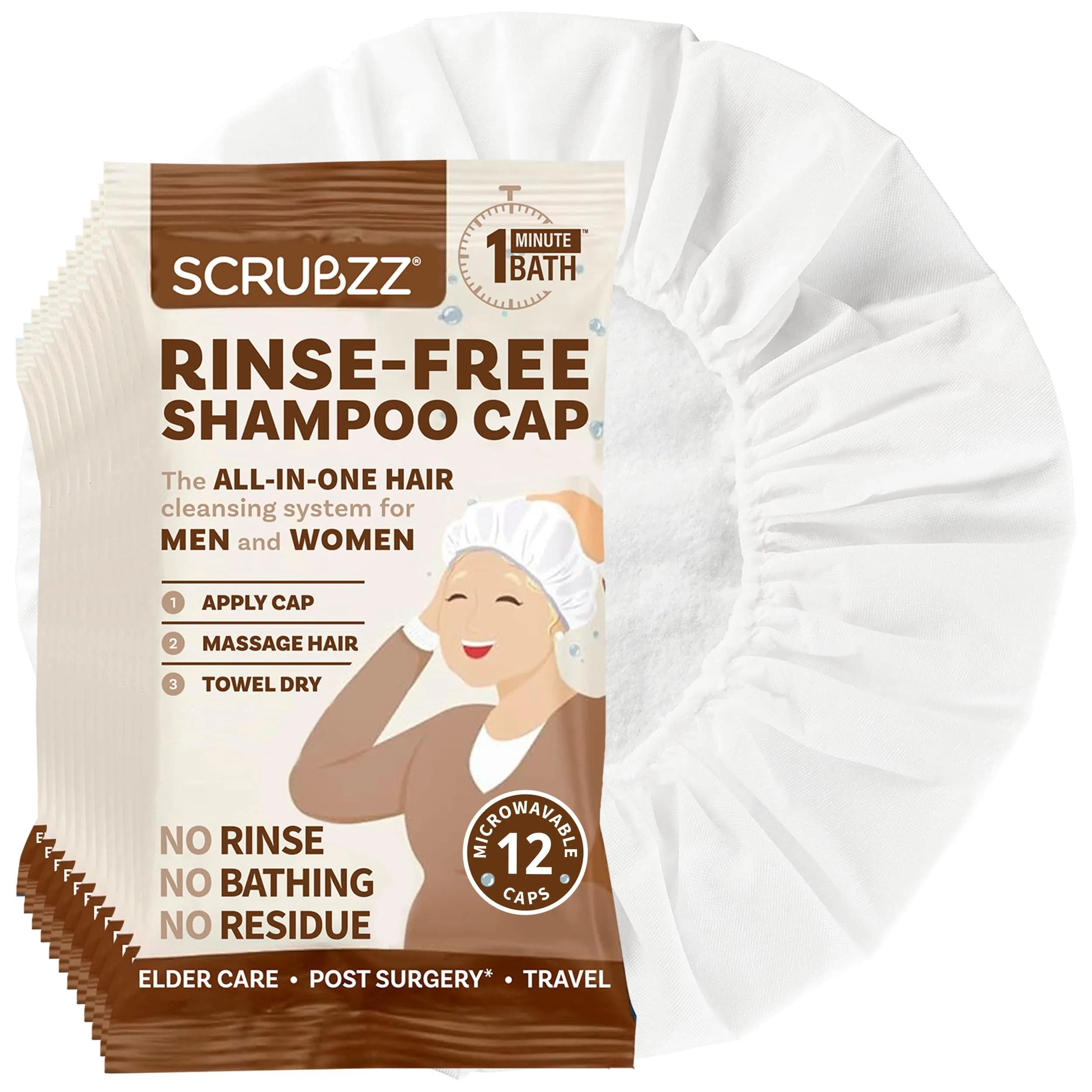 Scrubzz Rinse-Free Shampoo Caps Coconut Vanilla | No Water Hair Wash for Elderly & Bedridden (12 Pack, White)