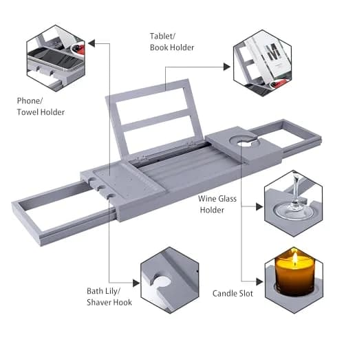 Utoplike Bathtub Tray Caddy Bamboo Adjustable | Space-Saving Bath Table for Tub thumbnail 4
