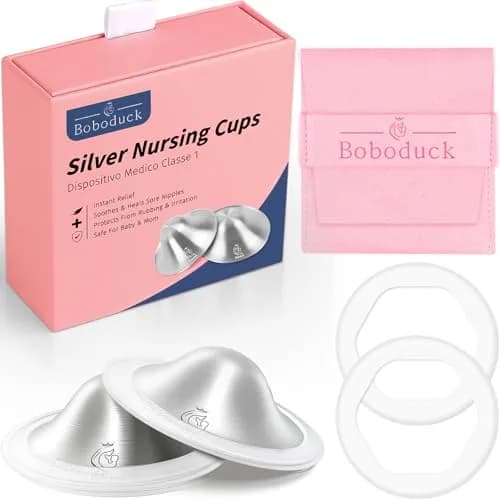 Boboduck 925 Silver Nipple Covers Breastfeeding, Original Silver Nursing Cups with Silicone Ring | Protect & Soothe Sore Nipples — 999k Pure Silver / X-Large