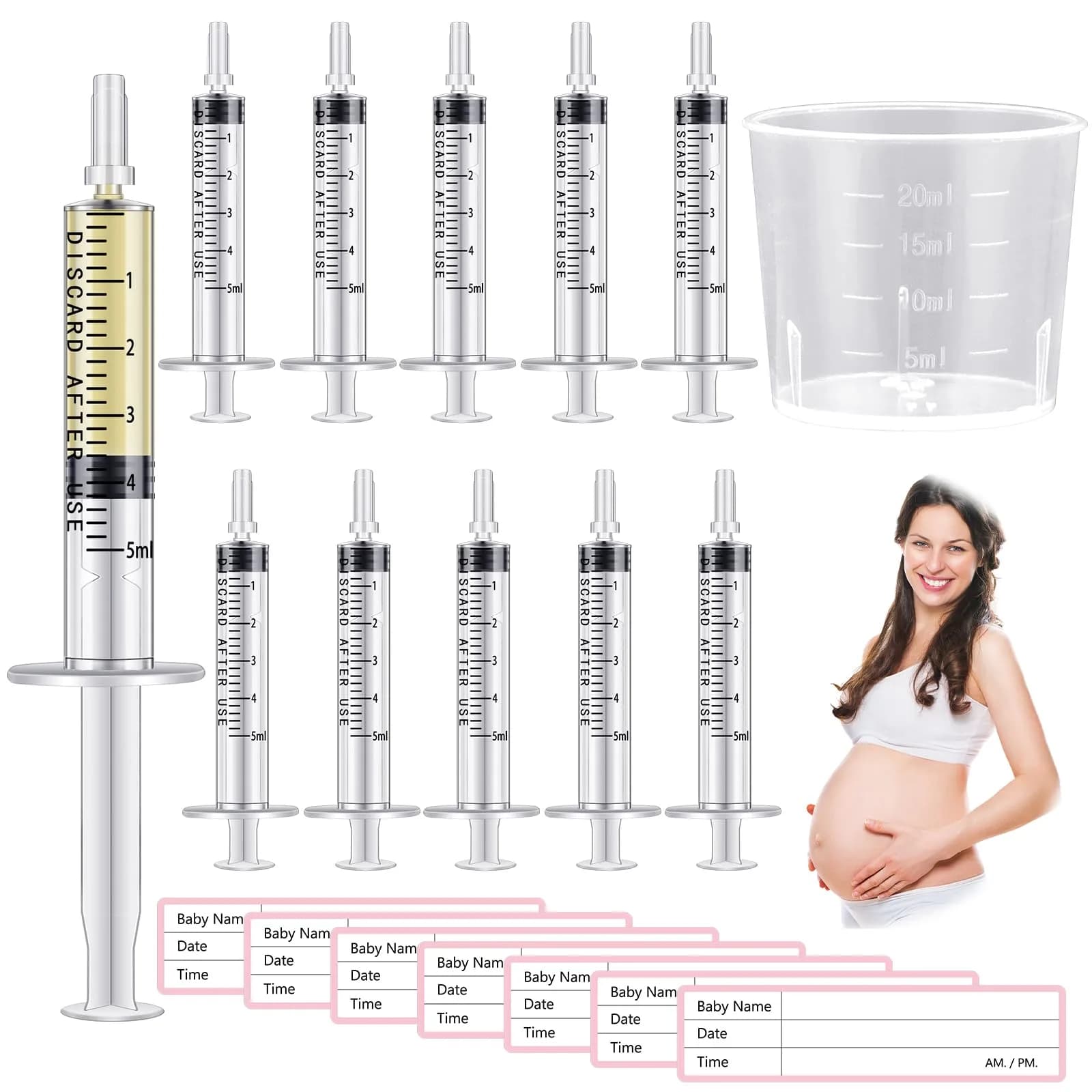 TrelaCo 100 Sets 5 ml Clear Colostrum Syringes with Caps & 20ml Cup | Sterile Sealed for Breast Milk Collection - main product image