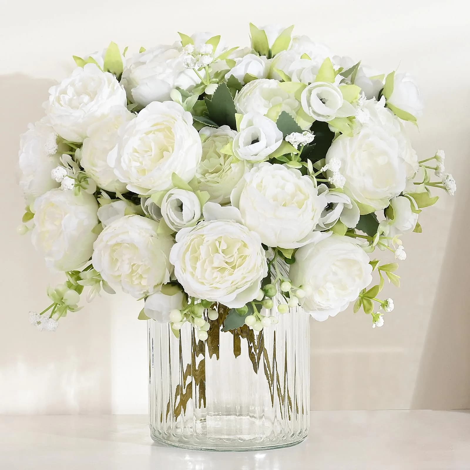 MARTINE MALL White Artificial Peonies Flowers | Silk Fake Bouquet for Home & Wedding Decor
