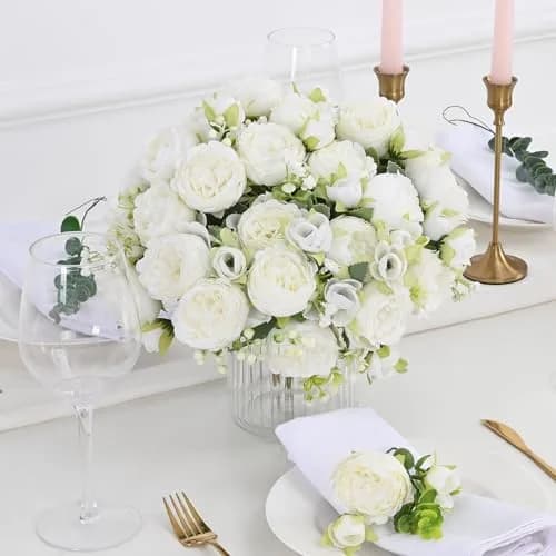 MARTINE MALL White Artificial Peonies Flowers | Silk Fake Bouquet for Home & Wedding Decor thumbnail 2