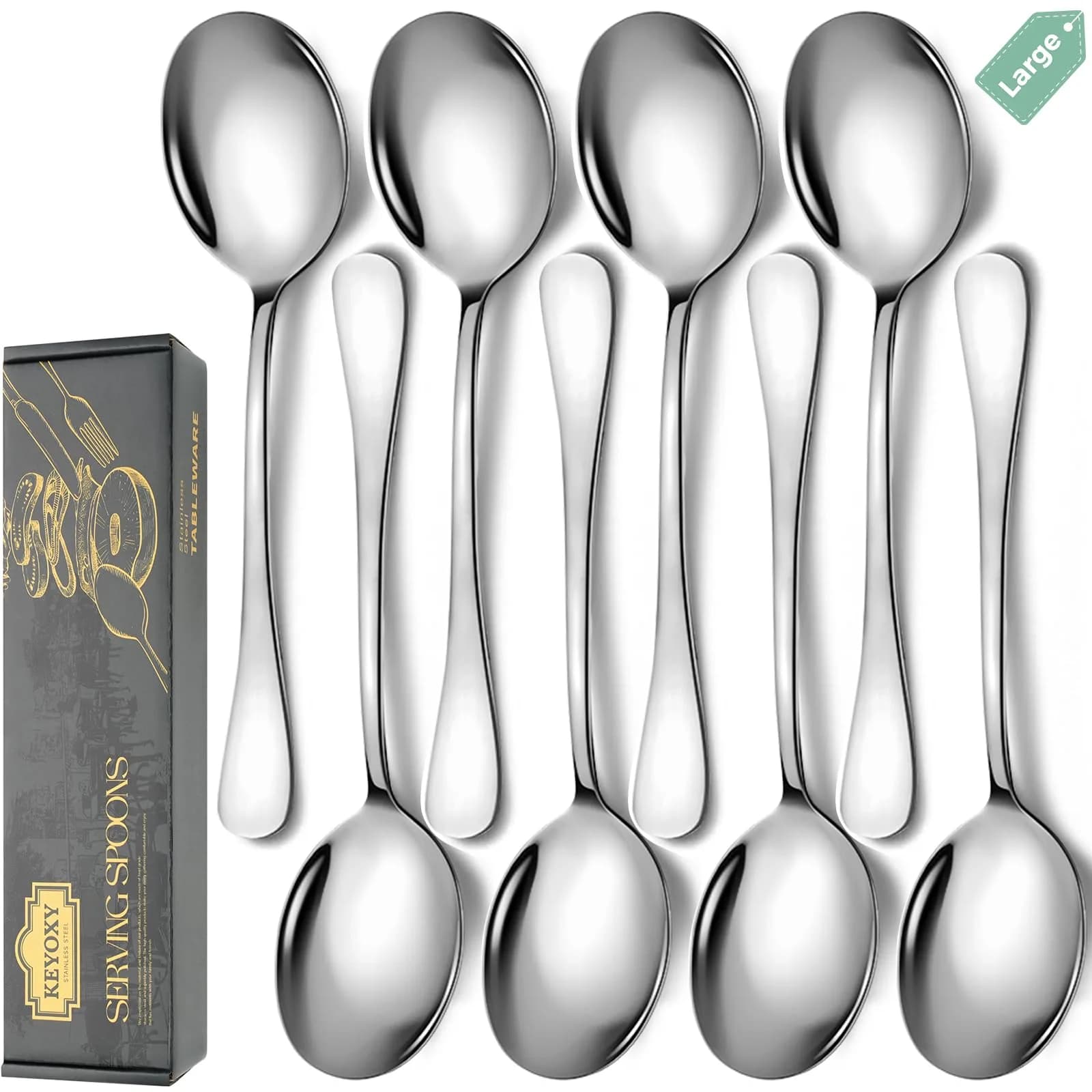 KEYOXY Serving Spoons Set, 8PCS, 10-Inch | Food-Grade Stainless Steel for Parties & Daily Use