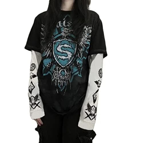 GGOOB Gothic Shirt Fake Two-Piece Long Sleeve Top in Blue | Unisex Goth Fashion (Large) thumbnail 1
