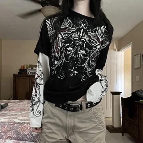 GGOOB Gothic Shirt Fake Two-Piece Long Sleeve Top in Blue | Unisex Goth Fashion (Large) thumbnail 5