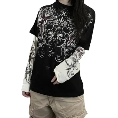 GGOOB Goth Shirt Gothic Long Sleeve Top | Fake Two-Piece Alternative Clothing (Black, Small) thumbnail 1