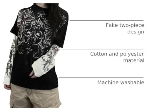 GGOOB Goth Shirt Gothic Long Sleeve Top | Fake Two-Piece Alternative Clothing (Black, Small) thumbnail 4