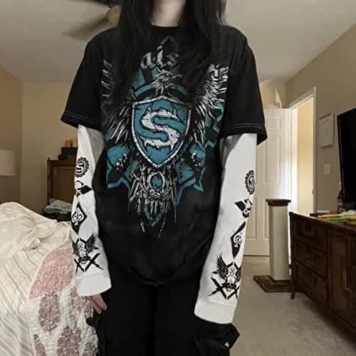 GGOOB Goth Shirt Gothic Long Sleeve Top | Fake Two-Piece Alternative Clothing (Black, Small) thumbnail 7