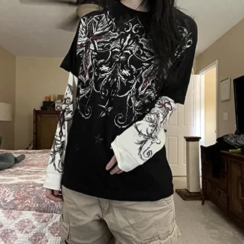 GGOOB Gothic Shirt Fake Two-Piece Long Sleeve Top | Gothic Style, Blue, Medium thumbnail 6