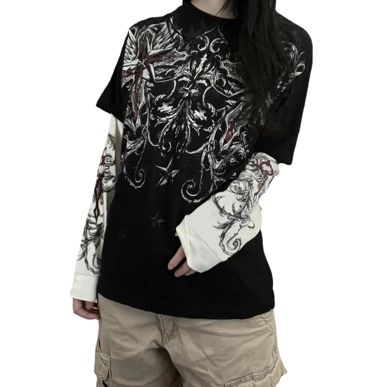 GGOOB Gothic Shirt Fake Two-Piece Long Sleeve Top Large | Gothic Style, Unisex, Cotton-Polyester Blend - main product image