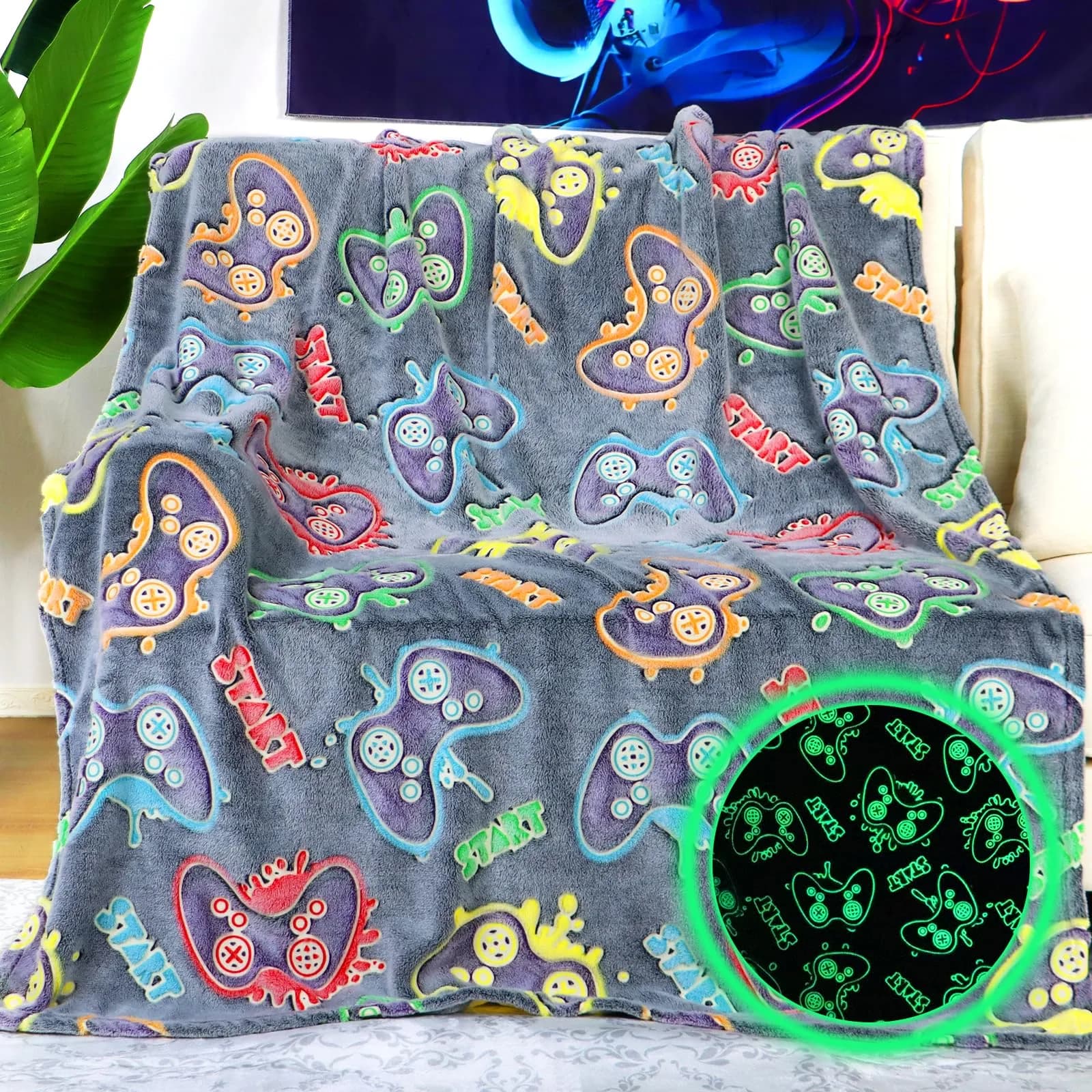 KIVEE Gaming Blanket 50" x 60" | Glow in The Dark Gamer Gift for Boys & Teens