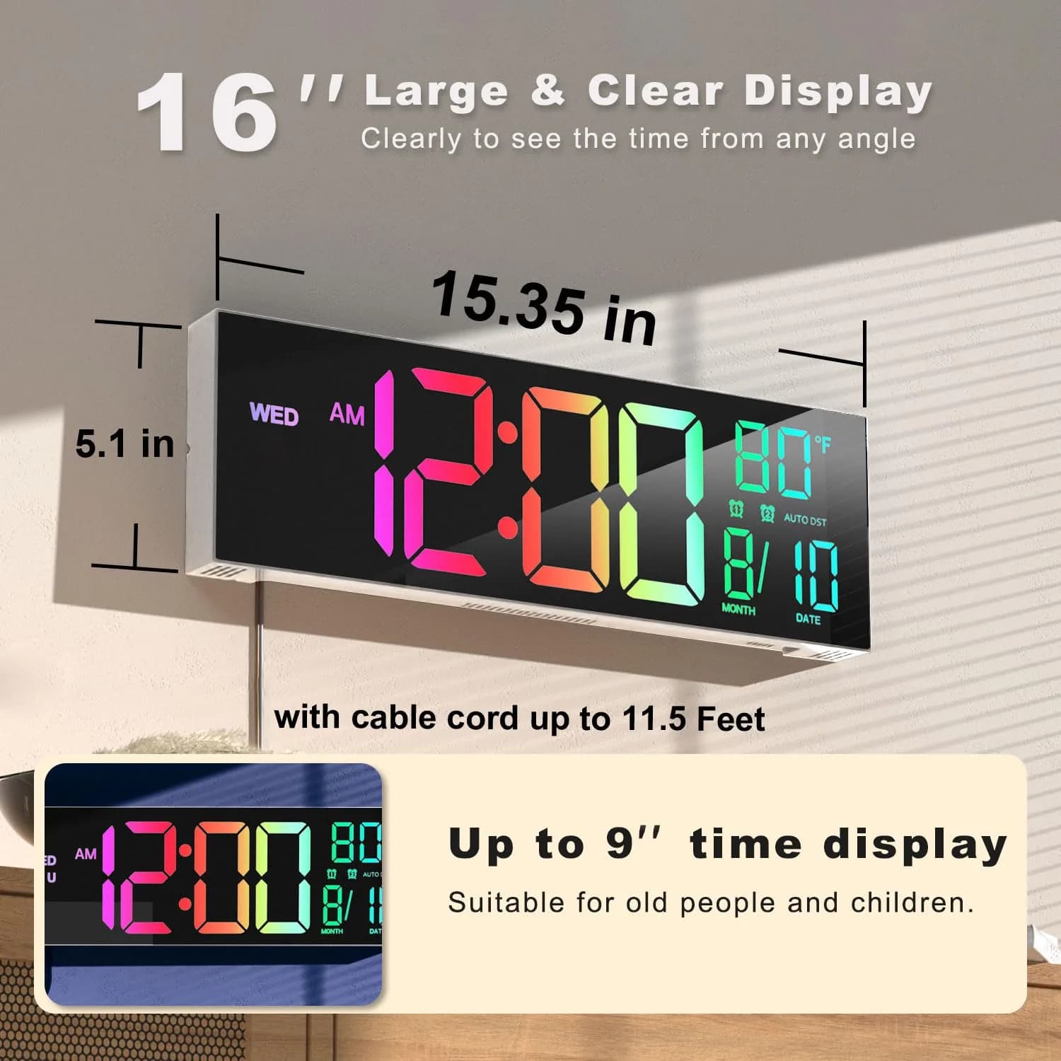 JALL 16 Inch Digital Wall Clock with White Shell, Jumbo Display, Date, Day, Temperature & Auto DST - view 2