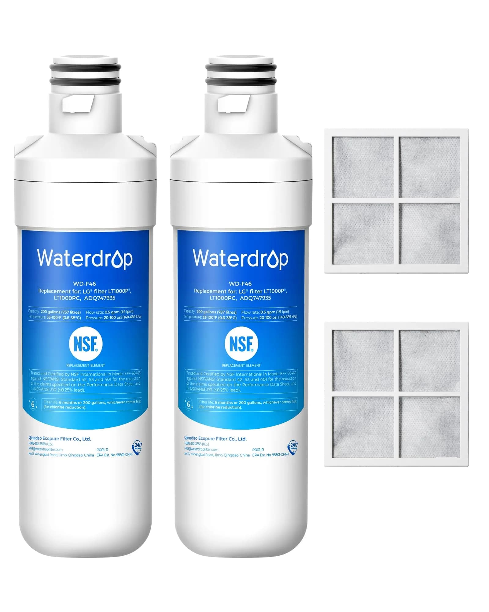 Waterdrop LT1000PC Refrigerator Water Filter & Air Filter Combo | NSF Certified Coconut Carbon Block - main product image