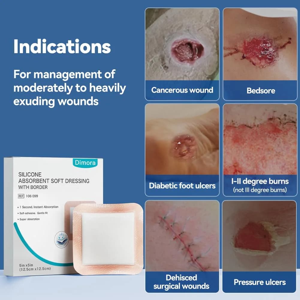Dimora Silicone Super Absorbent Wound Dressings 5"x 5" (12.7cm x 12.7cm) 10 Count | Gentle Adhesive Bandages for Heavy Exudate Wound Care - view 7
