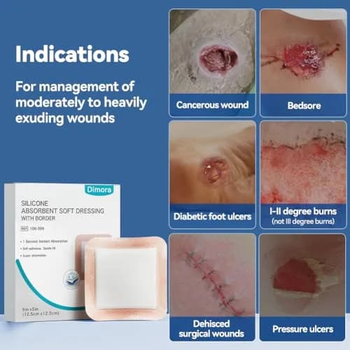 Dimora Silicone Super Absorbent Wound Dressings 5"x 5" (12.7cm x 12.7cm) 10 Count | Gentle Adhesive Bandages for Heavy Exudate Wound Care thumbnail 7