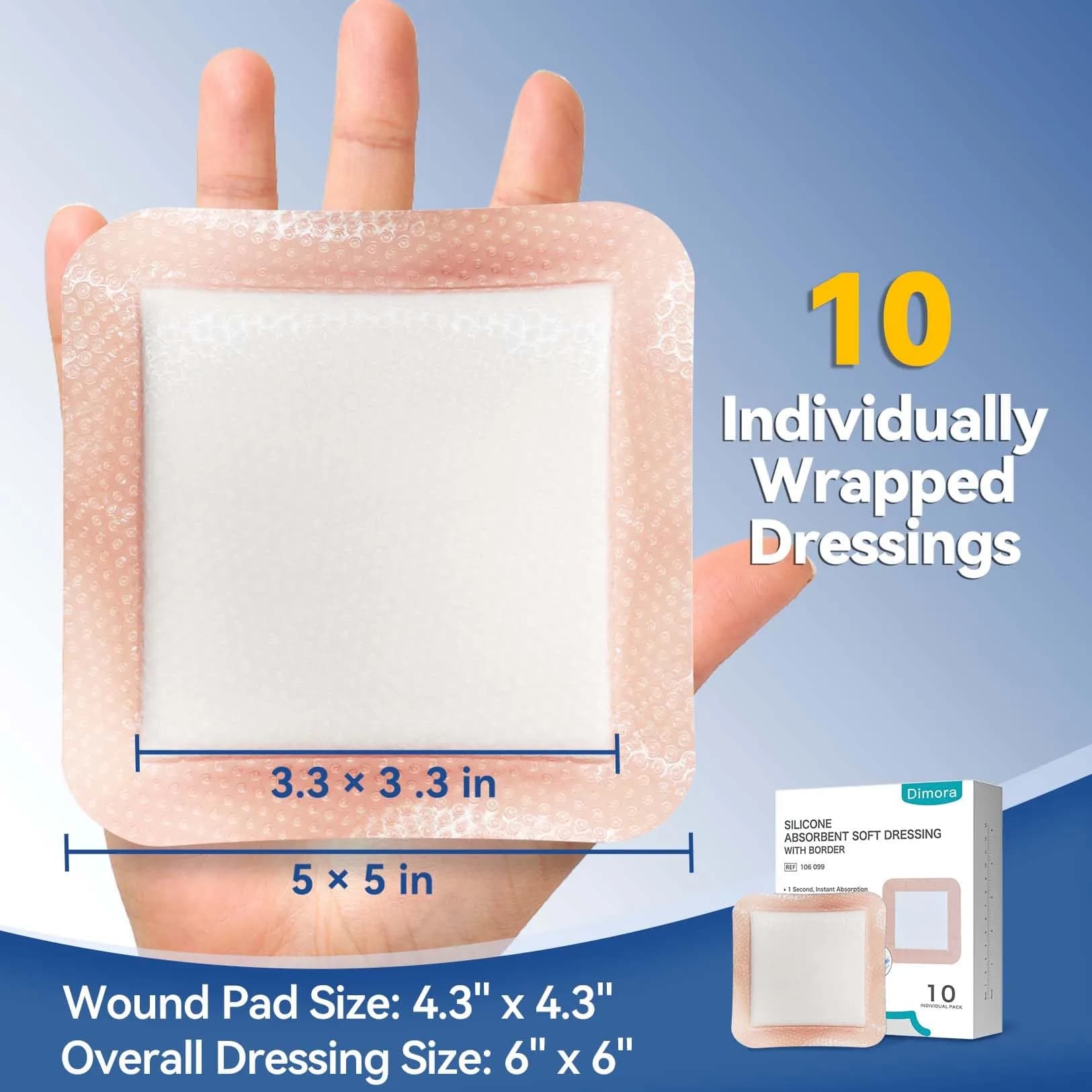 Dimora Silicone Ultra Absorbent Dressing Pads 5"x 5" with Adhesive Border | Waterproof Soft Gauze for Wound Care - view 2