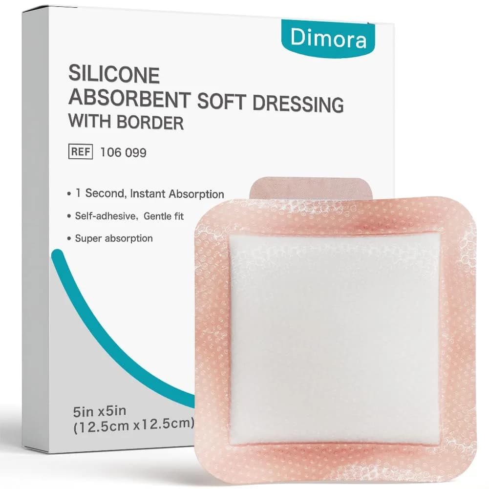 Dimora Silicone Super Absorbent Wound Dressing 4"x 8" (20 Count) | Instant Exudate Lock for Ulcers & Surgical Wounds — 5"x 5"