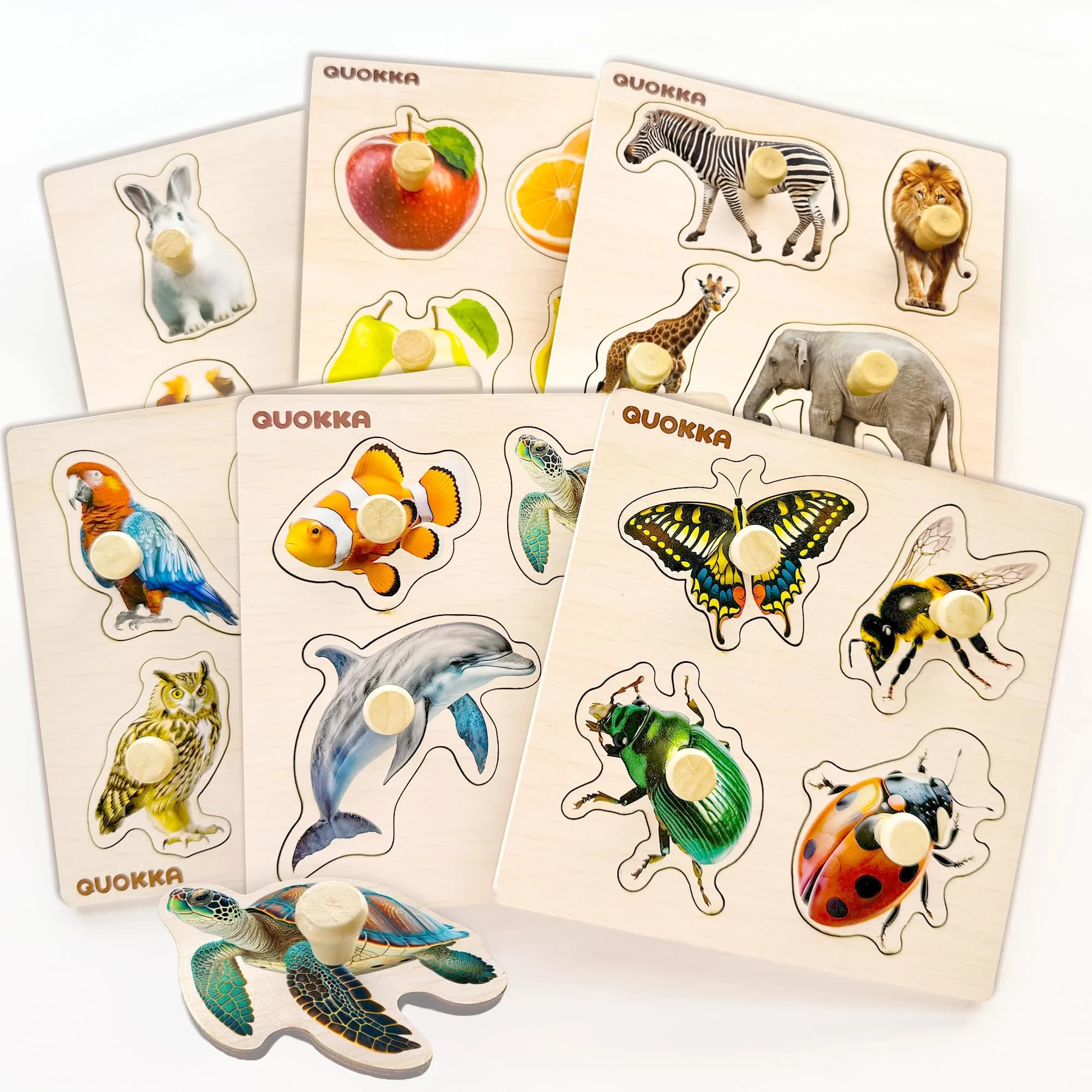 Quokka Wooden Pegged Puzzles for Toddlers 1-3 - 6 Puzzles with Animals, Fruits, Shapes (15cm x 15cm) — Fruits and Animals