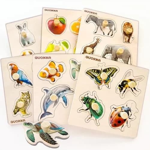 Quokka Wooden Pegged Puzzles for Toddlers 1-3 - 6 Puzzles with Animals, Fruits, Shapes (15cm x 15cm) thumbnail 1