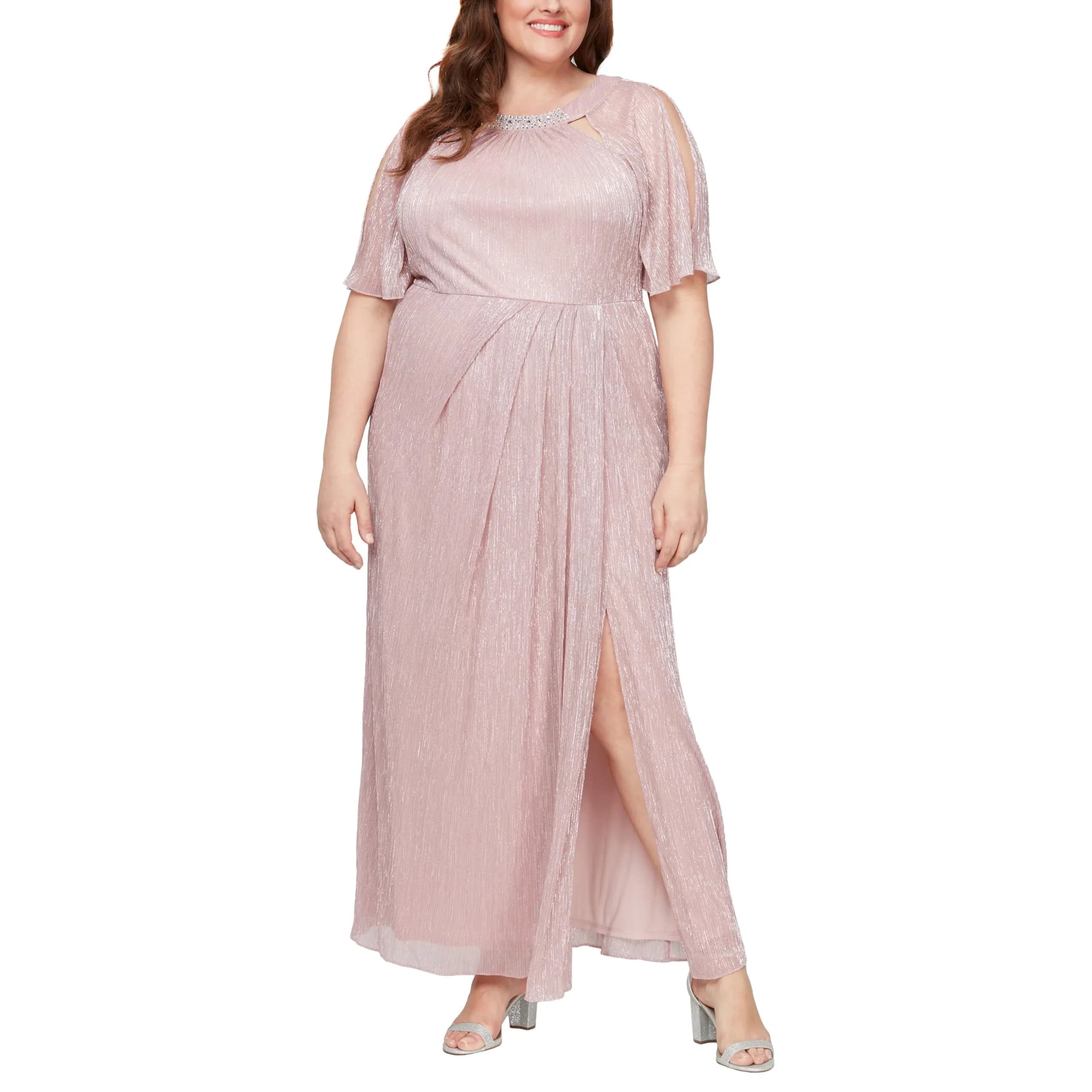 S.L. Fashions Women's Plus Size Long Mother of the Bride Dress with Ruched Waist (14W) | Elegant Faded Rose with Front Slit