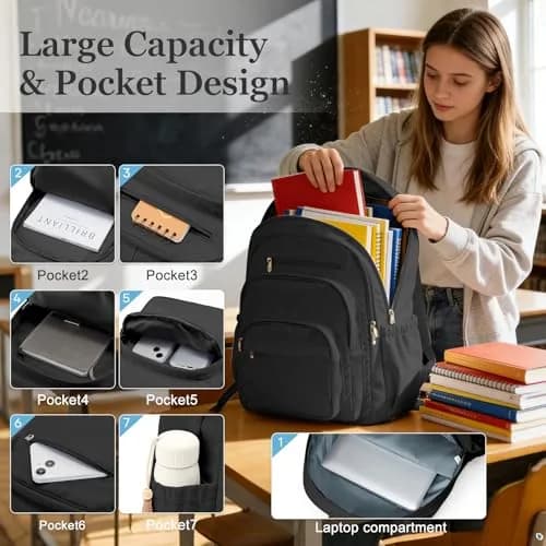 Lendolk College Backpack For Women Men, High School Backpack with Lots of Pockets, 35cm x 17cm x 48cm (13.8in x 6.7in x 18.9in) thumbnail 3