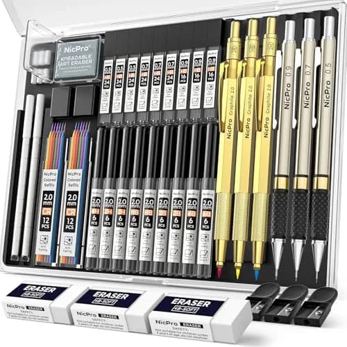 Nicpro 35PCS Gold Art Mechanical Pencils Set with 0.5mm-2.0mm Leads & Erasers | Artist Drafting Pencil Set thumbnail 1