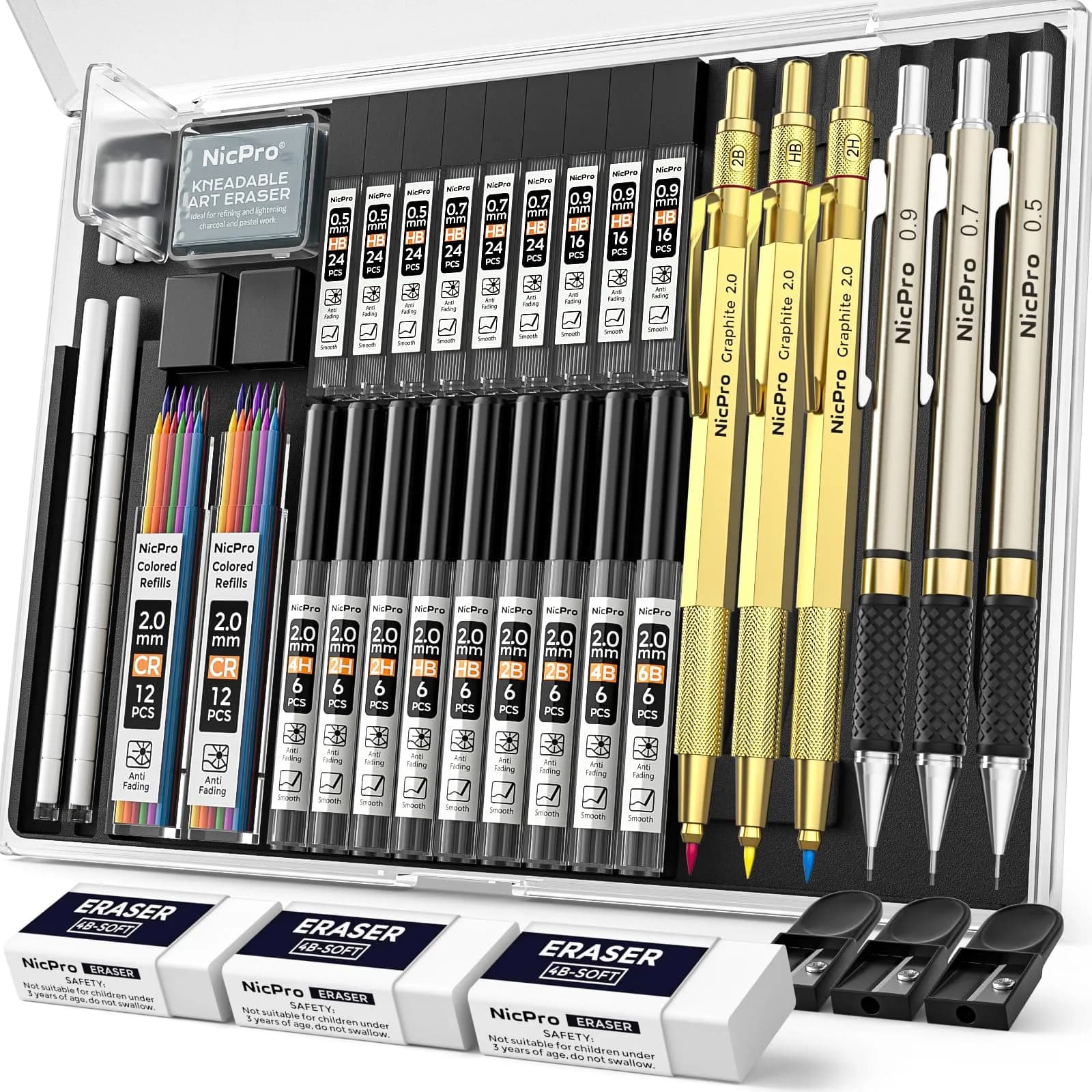 Nicpro 35PCS Gold Art Mechanical Pencils Set with 0.5mm-2.0mm Leads & Erasers | Artist Drafting Pencil Set — Gold