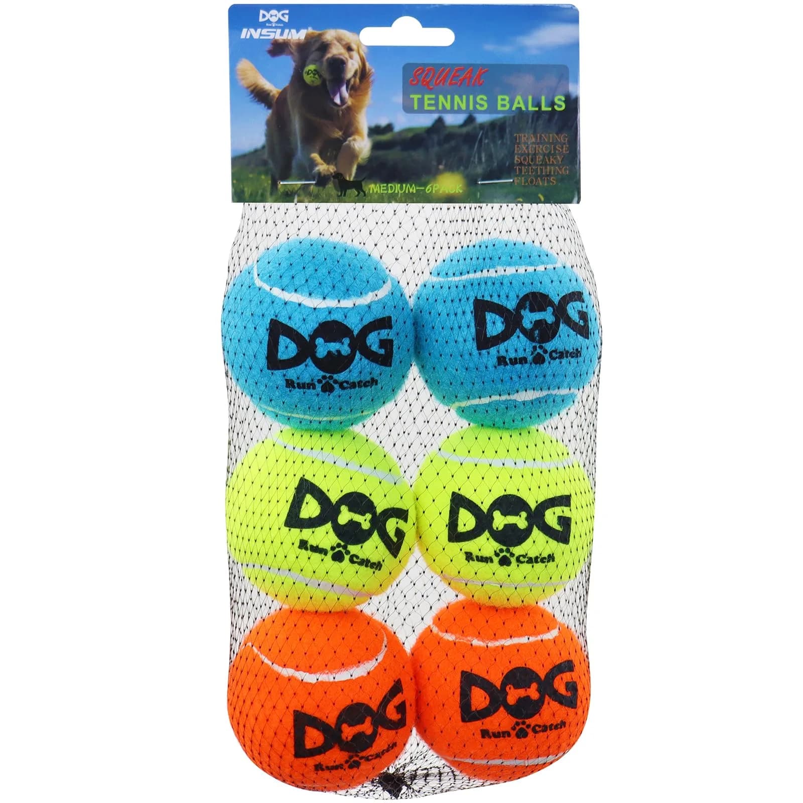 INSUM Small Tennis Balls for Dogs 6 Pack 2.0" Squeaky Dog Balls for Small Dogs | Bright Colors & High Bounce — Medium-6P