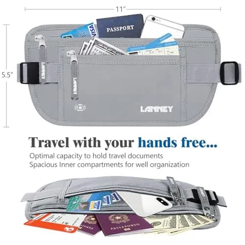 LANNEY Slim RFID Blocking Money Belt for Travel, Hidden Travel Pouch with Passport Holder & 2 RFID Sleeves, Grey thumbnail 4