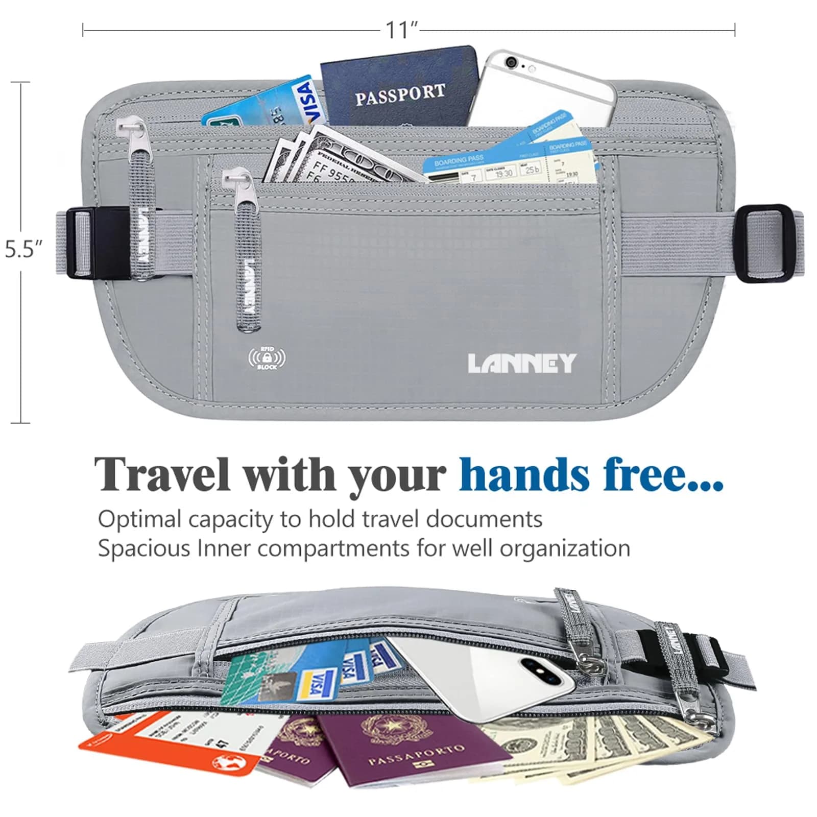 LANNEY Slim RFID Blocking Money Belt for Travel, Hidden Travel Pouch with Passport Holder & 2 RFID Sleeves, Grey - view 4