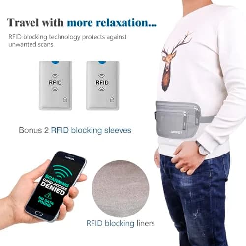 LANNEY Slim RFID Blocking Money Belt for Travel, Hidden Travel Pouch with Passport Holder & 2 RFID Sleeves, Grey thumbnail 5