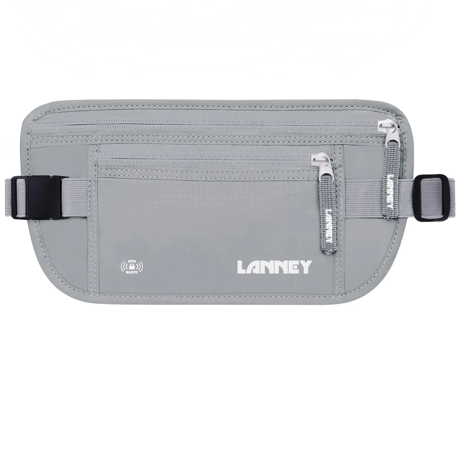 LANNEY Slim RFID Blocking Money Belt for Travel, Hidden Travel Pouch with Passport Holder & 2 RFID Sleeves, Grey - main product image