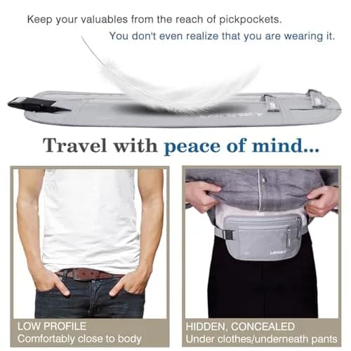 LANNEY Slim RFID Blocking Money Belt for Travel, Hidden Travel Pouch with Passport Holder & 2 RFID Sleeves, Grey thumbnail 3