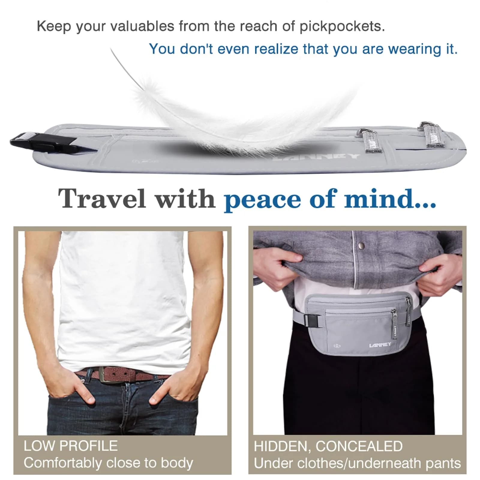LANNEY Slim RFID Blocking Money Belt for Travel, Hidden Travel Pouch with Passport Holder & 2 RFID Sleeves, Grey - view 3