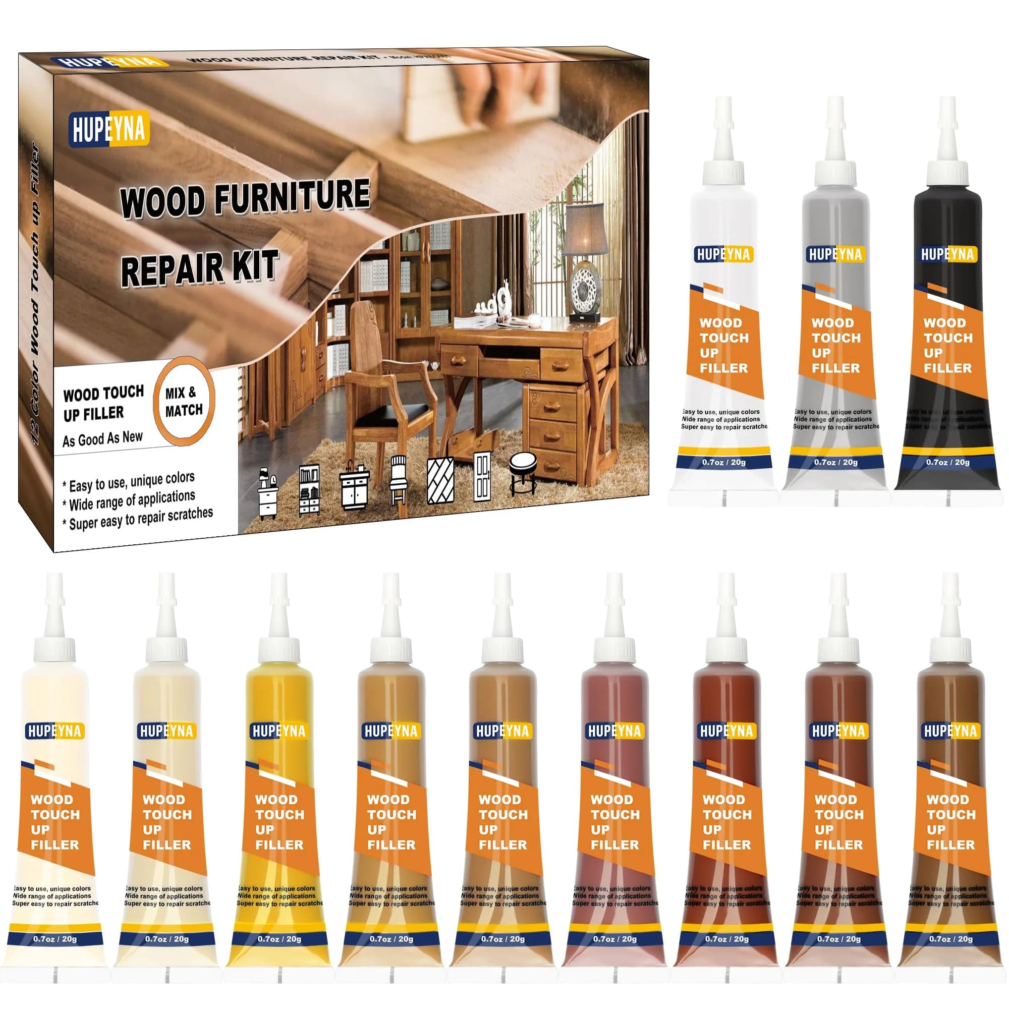 Hupeyna Wood Furniture Repair Kit, 12 Colors, Wood Fillers | Restore Scratches & Chips - main product image