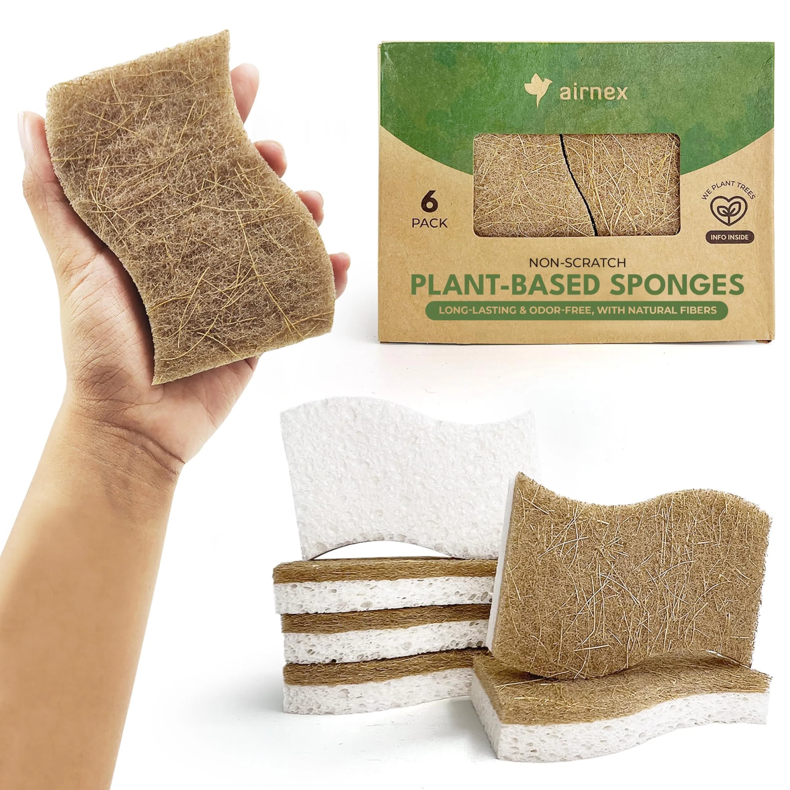 AIRNEX Natural Kitchen Sponges 6 Pack | Biodegradable Cellulose & Coconut Scrubber Dish Sponges - main product image