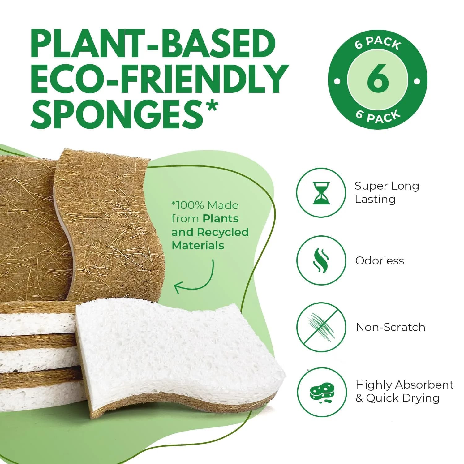 AIRNEX Natural Kitchen Sponges 6 Pack | Biodegradable Cellulose & Coconut Scrubber Dish Sponges - view 3