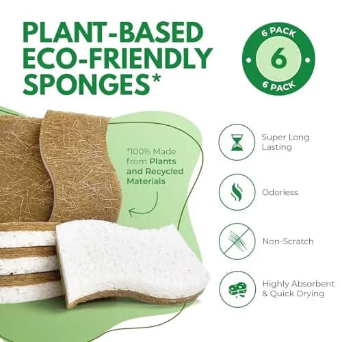 AIRNEX Natural Kitchen Sponges 6 Pack | Biodegradable Cellulose & Coconut Scrubber Dish Sponges thumbnail 3