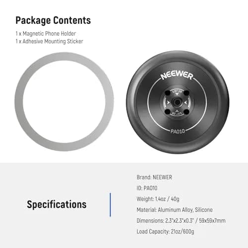 NEEWER Magnetic Phone Tripod Mount Adapter with Adhesive Ring for MagSafe iPhones | 59mm x 59mm x 7mm thumbnail 9