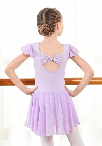 DIPUG Girls Flutter Sleeve Ballet Dance Dress with Bow Back & Sequins Skirt, Purple, 8-10 Years thumbnail 3