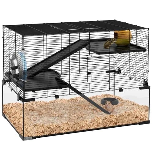 PawHut Large Hamster Cage Deep Tempered Glass Bottom 30"x19"x21.5" Black | Multi-Level Habitat for Syrian & Dwarf Hamsters thumbnail 1
