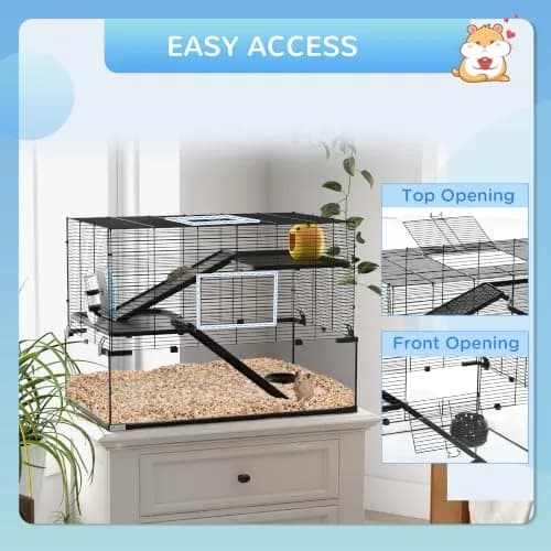 PawHut Large Hamster Cage Deep Tempered Glass Bottom 30"x19"x21.5" Black | Multi-Level Habitat for Syrian & Dwarf Hamsters thumbnail 6