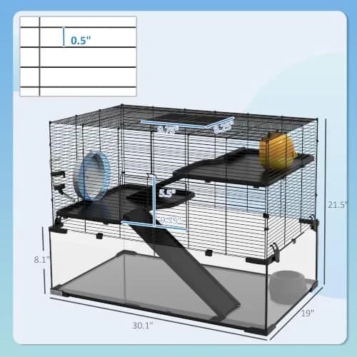 PawHut Large Hamster Cage Deep Tempered Glass Bottom 30"x19"x21.5" Black | Multi-Level Habitat for Syrian & Dwarf Hamsters thumbnail 7