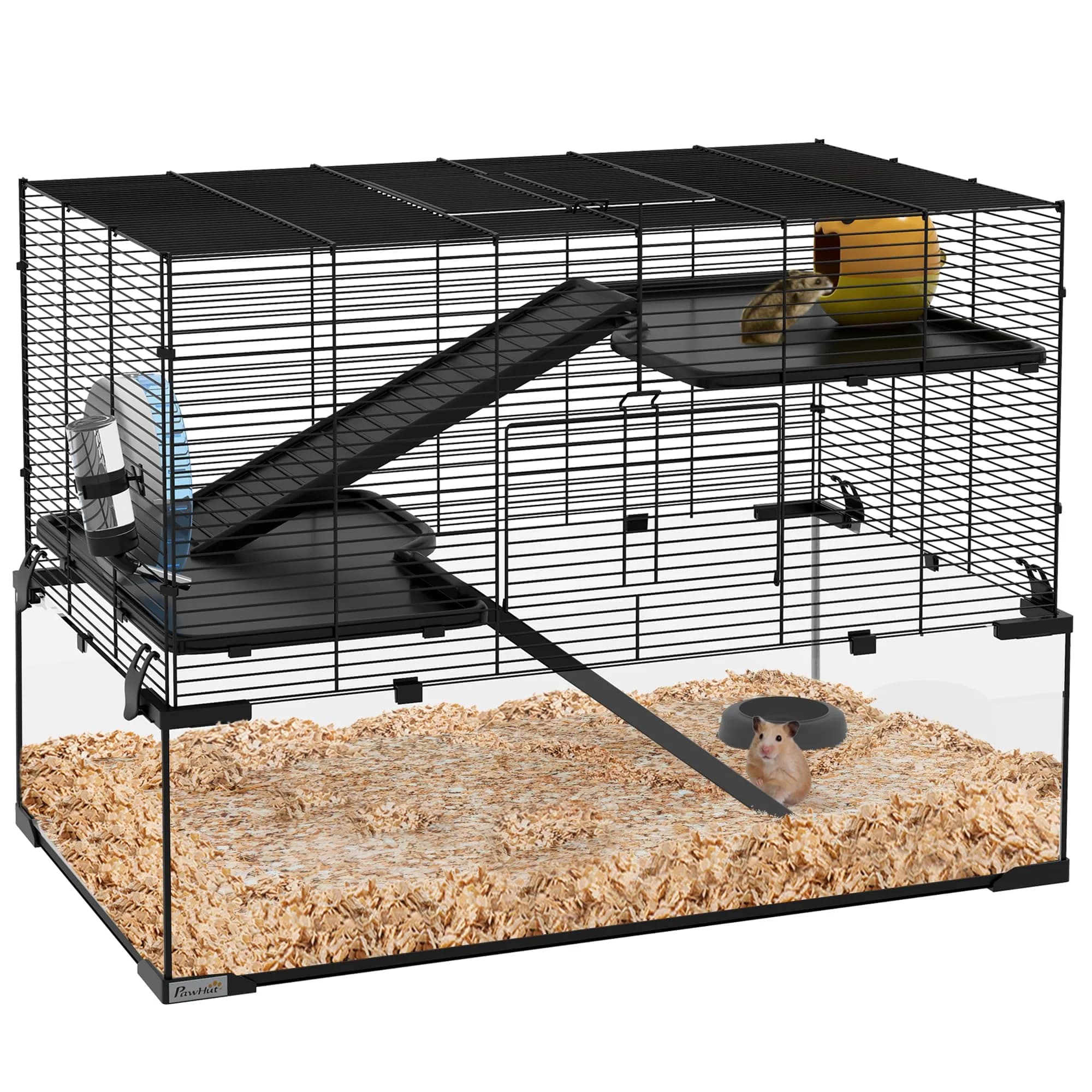 PawHut Large Hamster Cage Deep Tempered Glass Bottom 30"x19"x21.5" Black | Multi-Level Habitat for Syrian & Dwarf Hamsters
