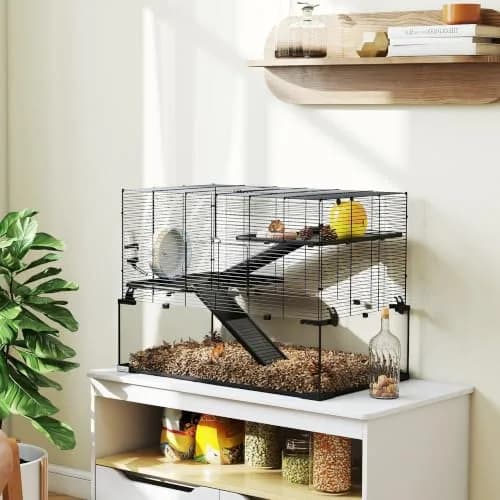 PawHut Large Hamster Cage Deep Tempered Glass Bottom 30"x19"x21.5" Black | Multi-Level Habitat for Syrian & Dwarf Hamsters thumbnail 8
