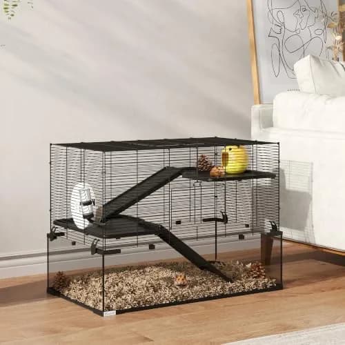 PawHut Large Hamster Cage Deep Tempered Glass Bottom 30"x19"x21.5" Black | Multi-Level Habitat for Syrian & Dwarf Hamsters thumbnail 9